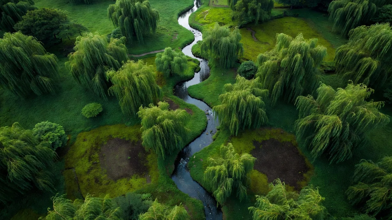 空から見た柳林と流れ — aerial view of the willow grove and stream