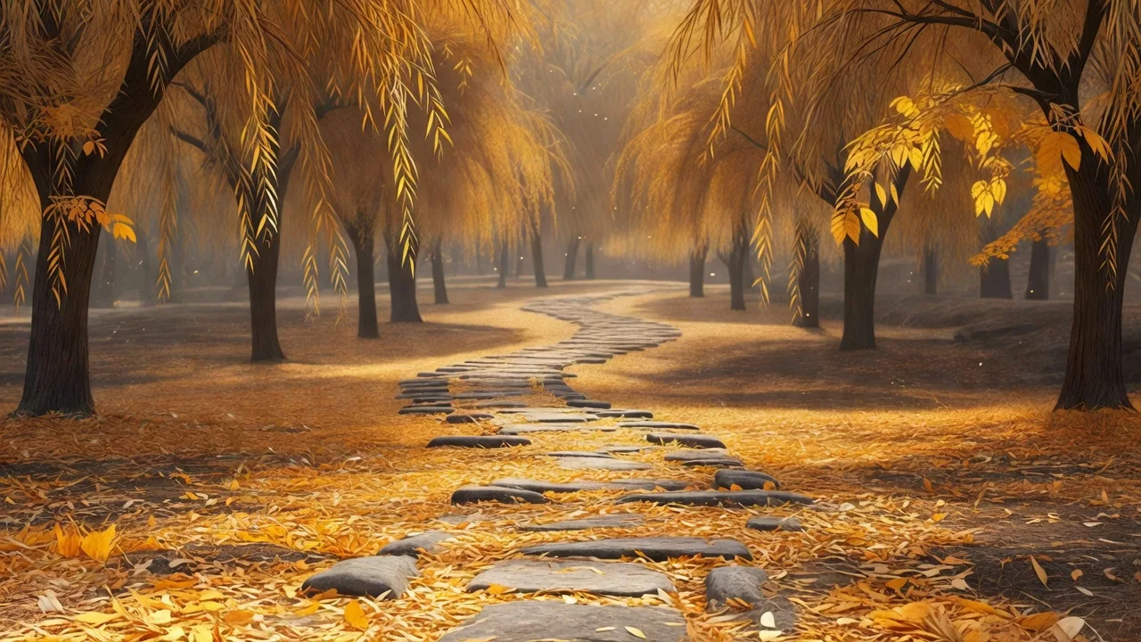 紅葉に彩られた庭園の小径 — a path through the grove lined with autumn foliage