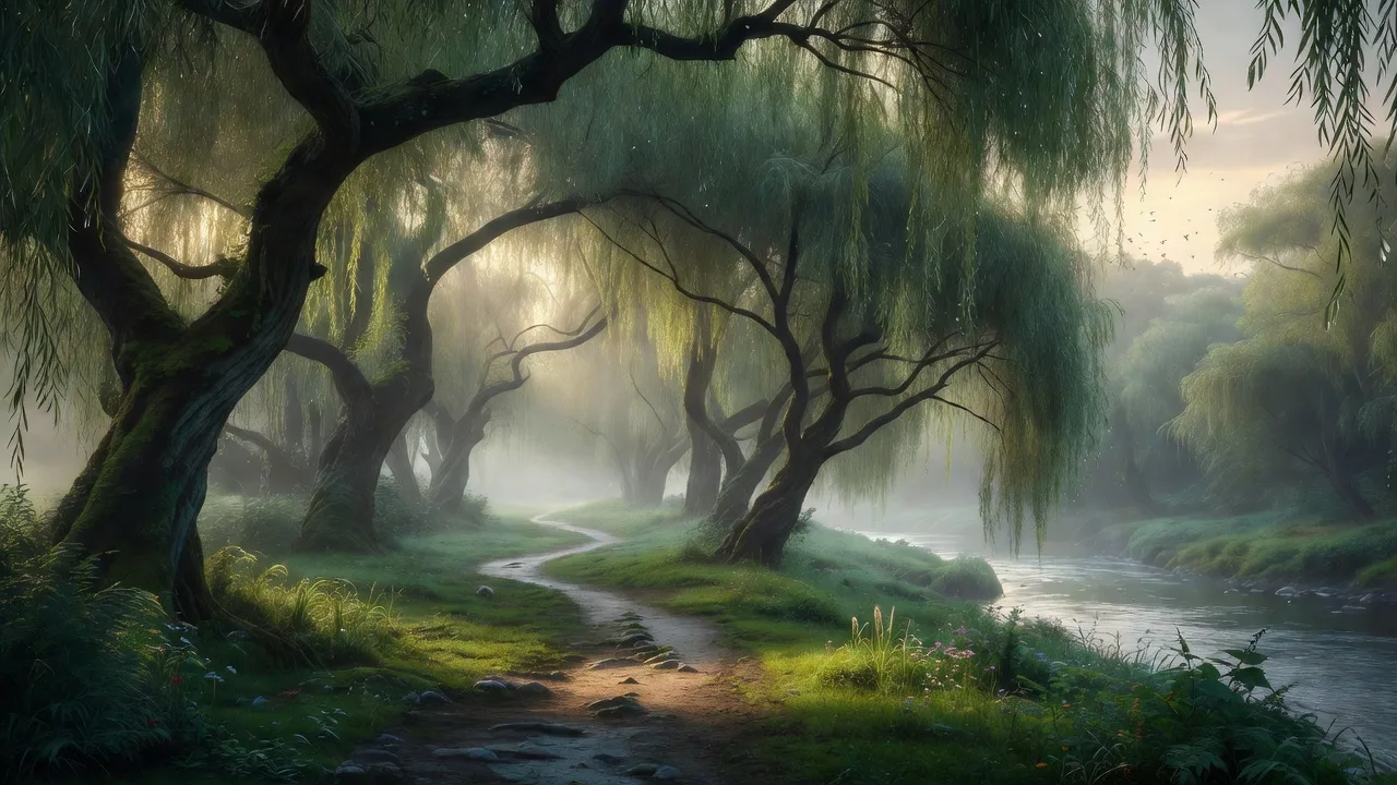 霧に包まれた柳林の小径 — a misty path through the willow forest
