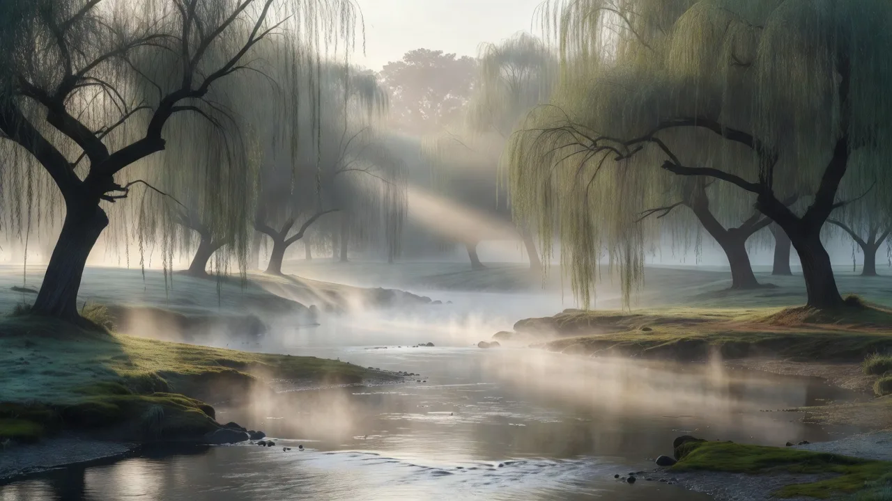 朝霧に包まれる水辺の柳 — morning mist over the riverside willows