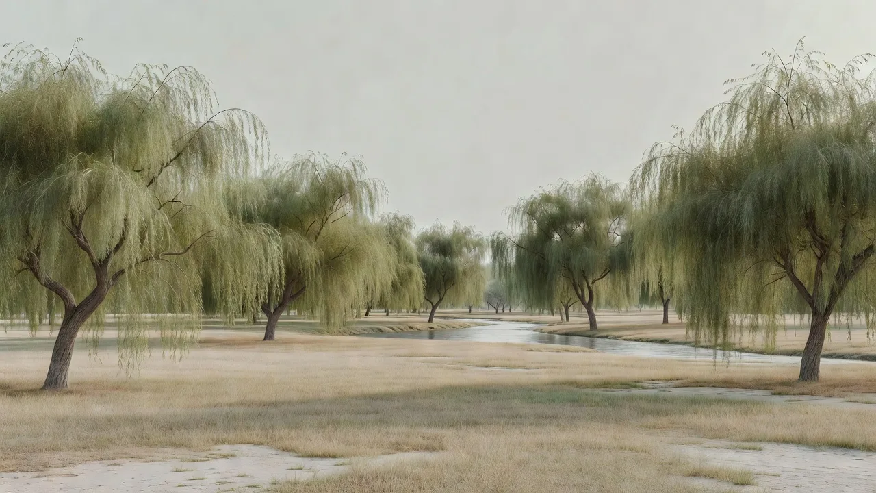 開けた柳林の風景 — an open landscape view of the willow grove