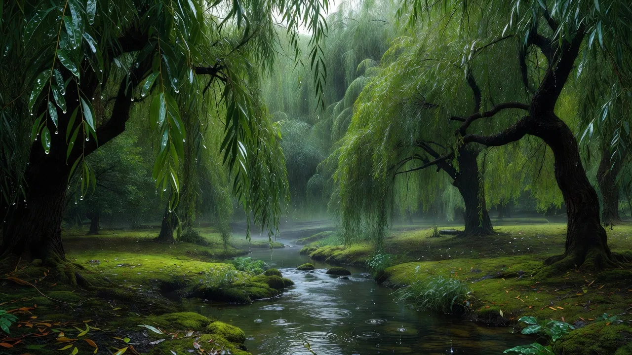 雨に濡れる柳林と流れ — rain falling over the willow grove and stream