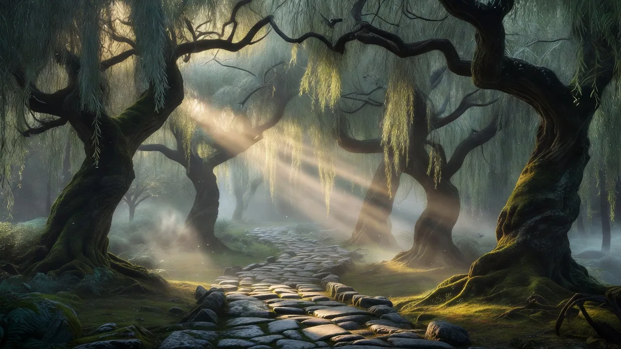 霧の中に差し込む陽光と石畳の道 — sunbeams through mist over the stone path