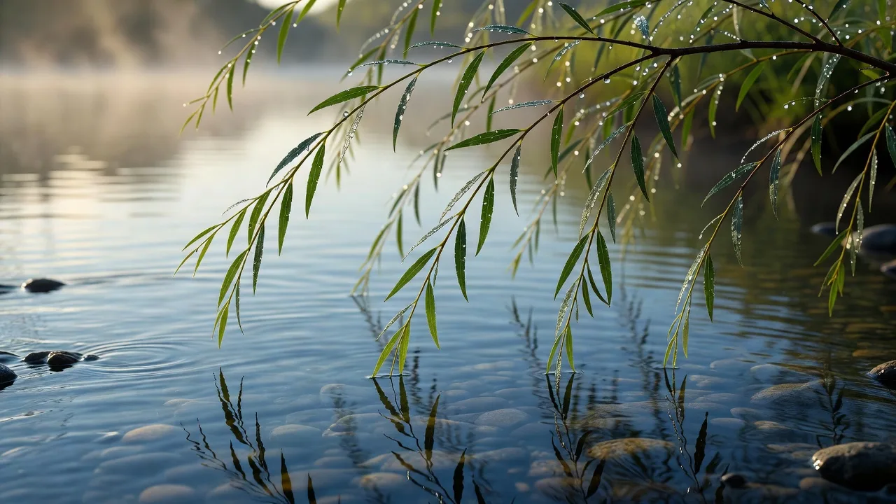 流れの上に垂れる柳の枝 — willow branches hanging over the stream