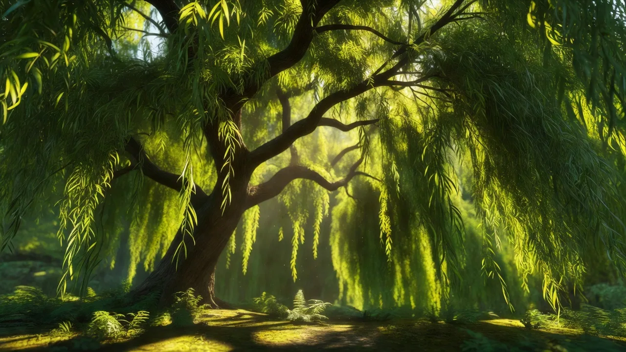 陽光の差す柳の木陰 — sunlight through willow canopy