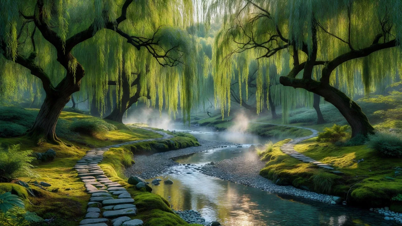 柳林の流れに沿う小径 — the main path of the willow grove following the stream