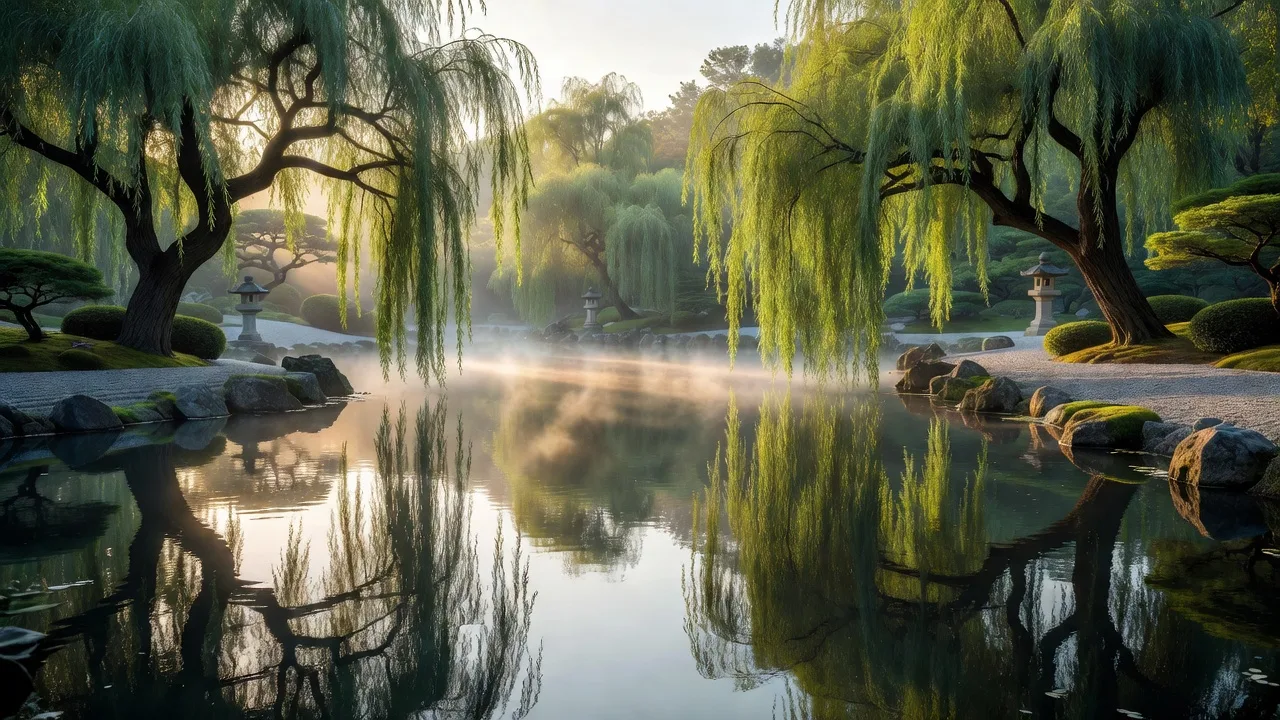 池の水面に映る柳の木々 — willow trees reflected in the pond