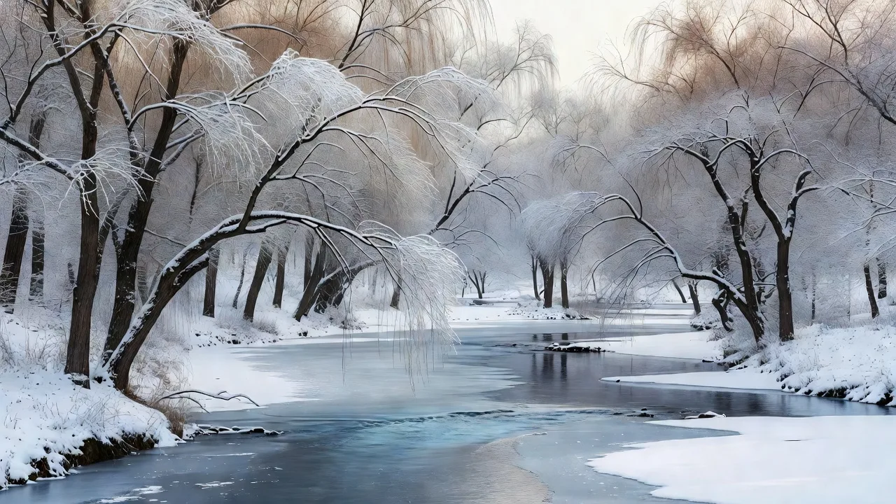 雪化粧した柳の木々と流れ — willow trees and stream dressed in winter snow