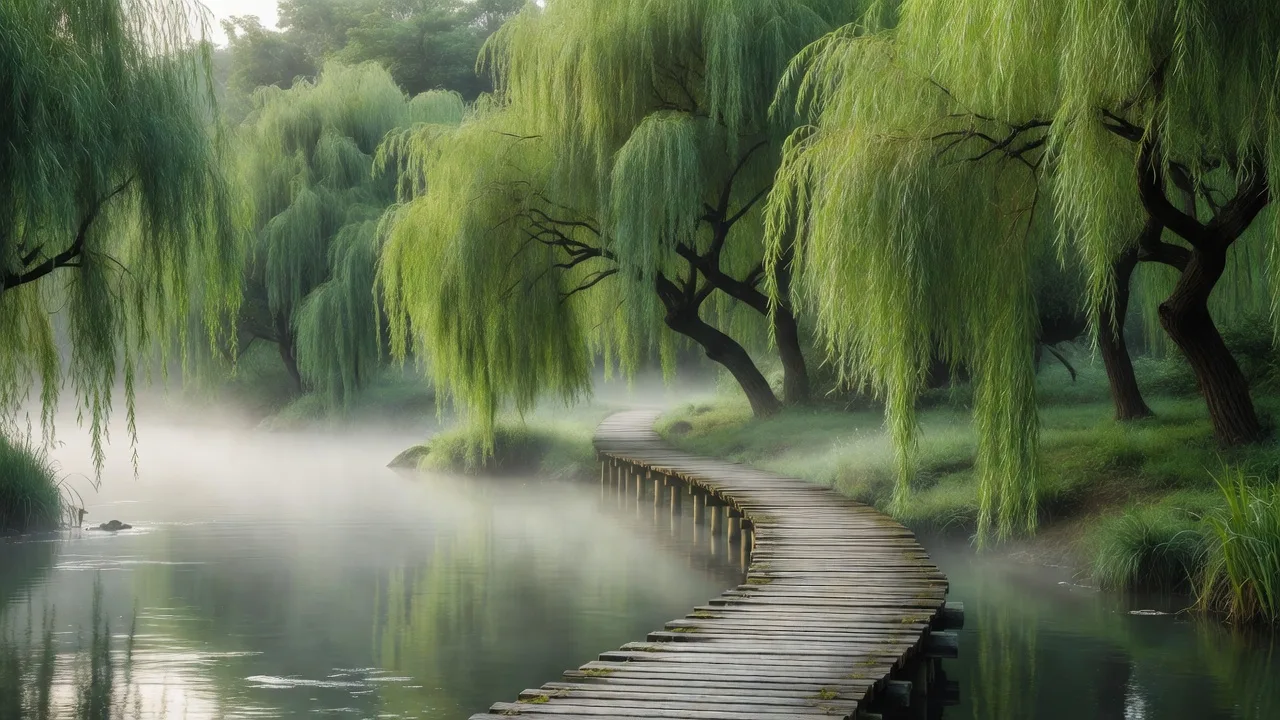 水辺の木道 — wooden boardwalk along the riverside