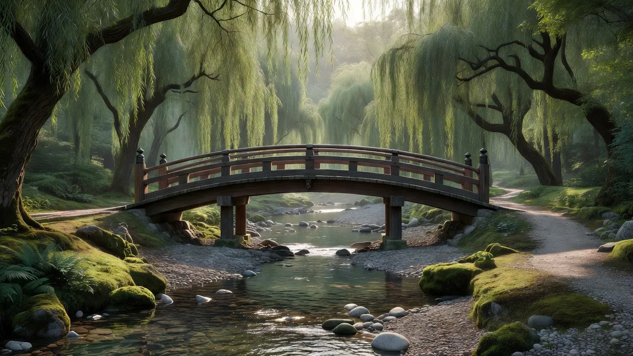 柳の流れにかかる木橋 — wooden bridge crossing a willow-lined stream