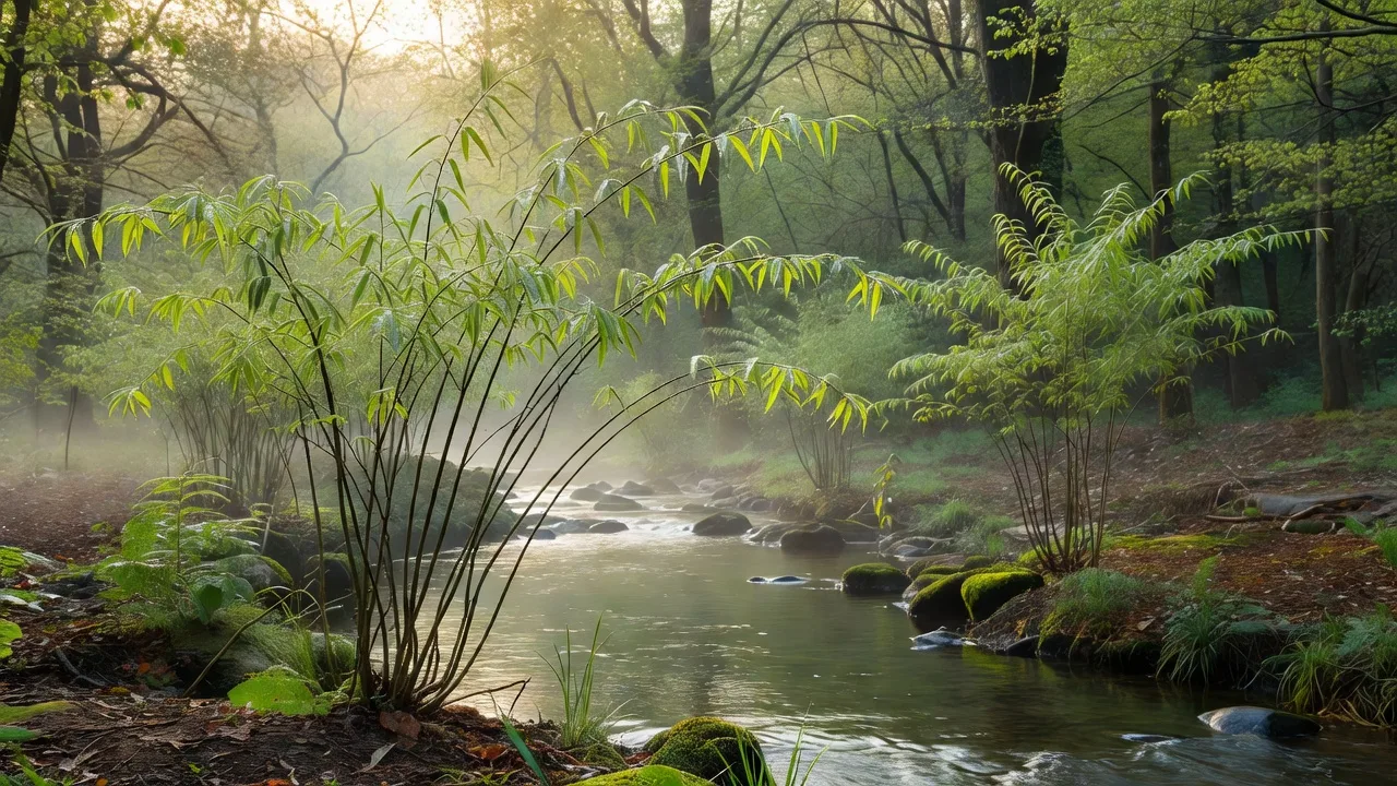 流れのほとりに立つ若い柳の苗木 — young willow saplings by the stream